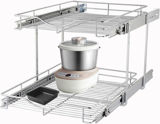 DINDON 2 Tier Pull Out Cabinet Organizer (20" W X 21" D), Double Tier Wire Basket Slide Out Shelf Storage for Kitchen Base Cabinet Organization for Kitchen, Pantry, Bathroom, Chrome
