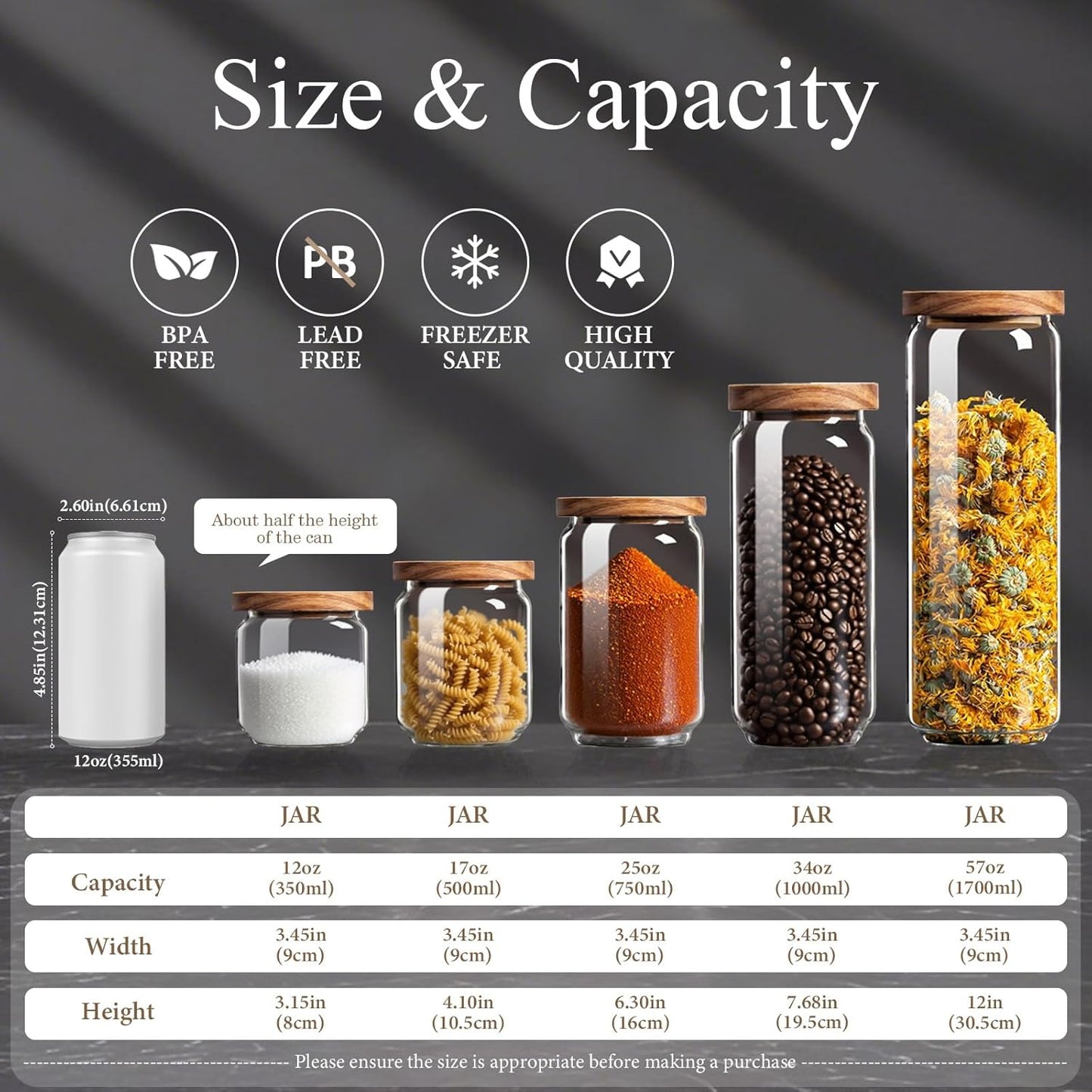 Glass Jars with Airtight Wood Lids - 57 oz Large Kitchen and Pantry Storage Containers, Canisters for Spaghetti, Noodles, Pasta, Ground Coffee, Sugar, Cereal, Set of 2