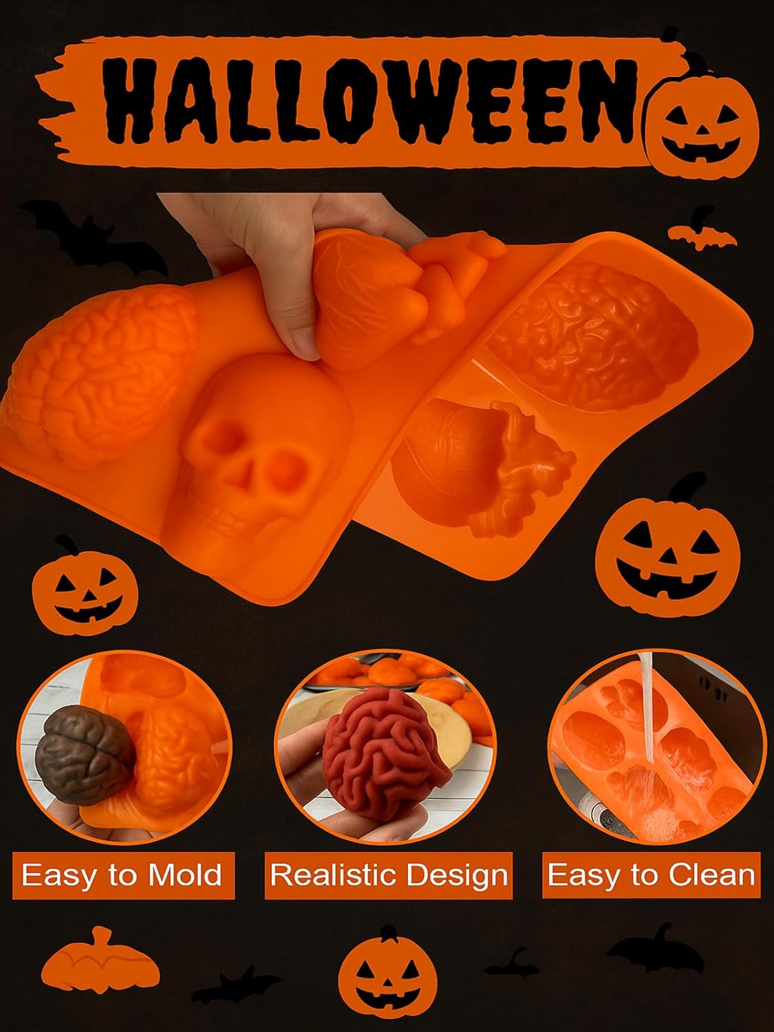 Halloween Silicone Molds & Gothic Chocolate Molds - 3D Skull, Heart, and Brain Halloween Baking Mold for DIY Cake, Chocolate, Jello, Ice Cube, Soap, Resin, and Candle Halloween Decorations