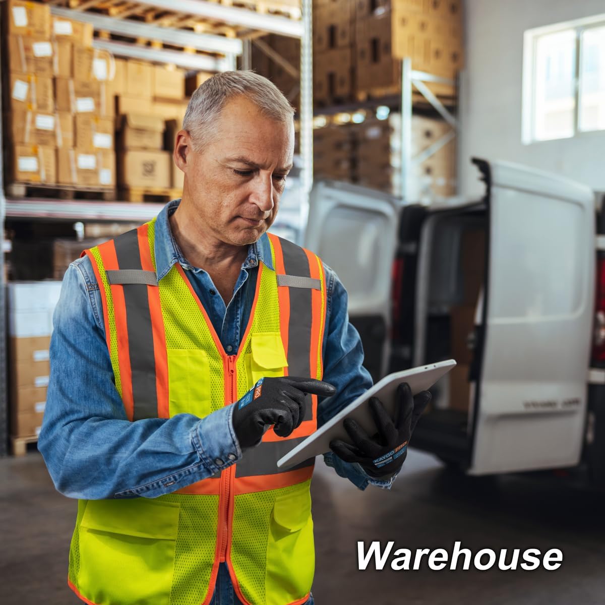 KAYGO Safety Work Gloves PU Coated for Men and Women, 12 Pairs KG11PB, Seamless Knit Glove with Two Fingers Touchscreen, breathable and lightweight Ideal for General Duty Work (2XL,Black)