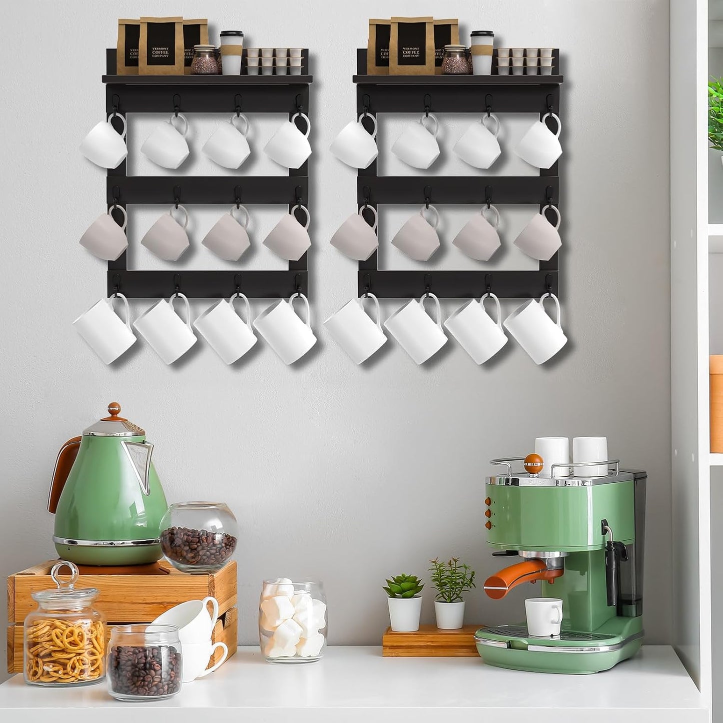 Mug Rack Wall Mounted, Coffee Cup Holder, Bamboo Mug Shelf with 12 Hooks for Home Kitchen Display and Collection