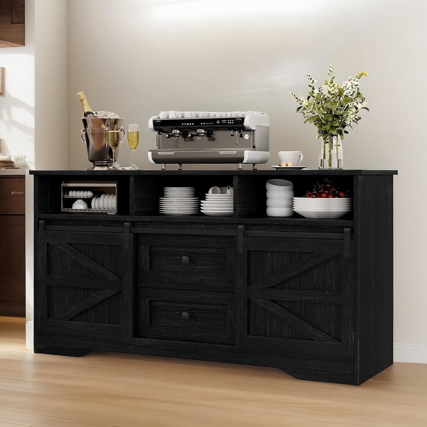 YITAHOME Buffet Cabinet with Drawers, 59" Large Sideboard Buffet Storage Cabinet with Shelves and Doors, Modern Farmhouse Coffee Bar Station Wood Kitchen Table for Kitchen, Dining Room, Black