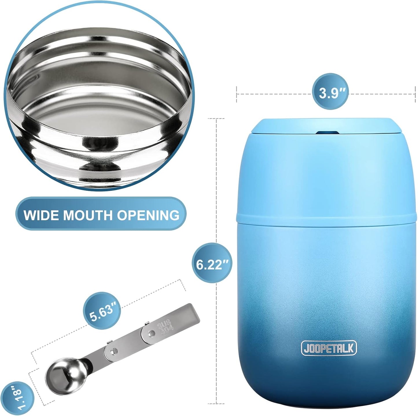 17 oz Insulated Lunch Containers, Hot Food Jar, Wide Mouth, Vacuum Stainless Steel Thermo Lunch Box with Handle and Folding Spoon, Blue
