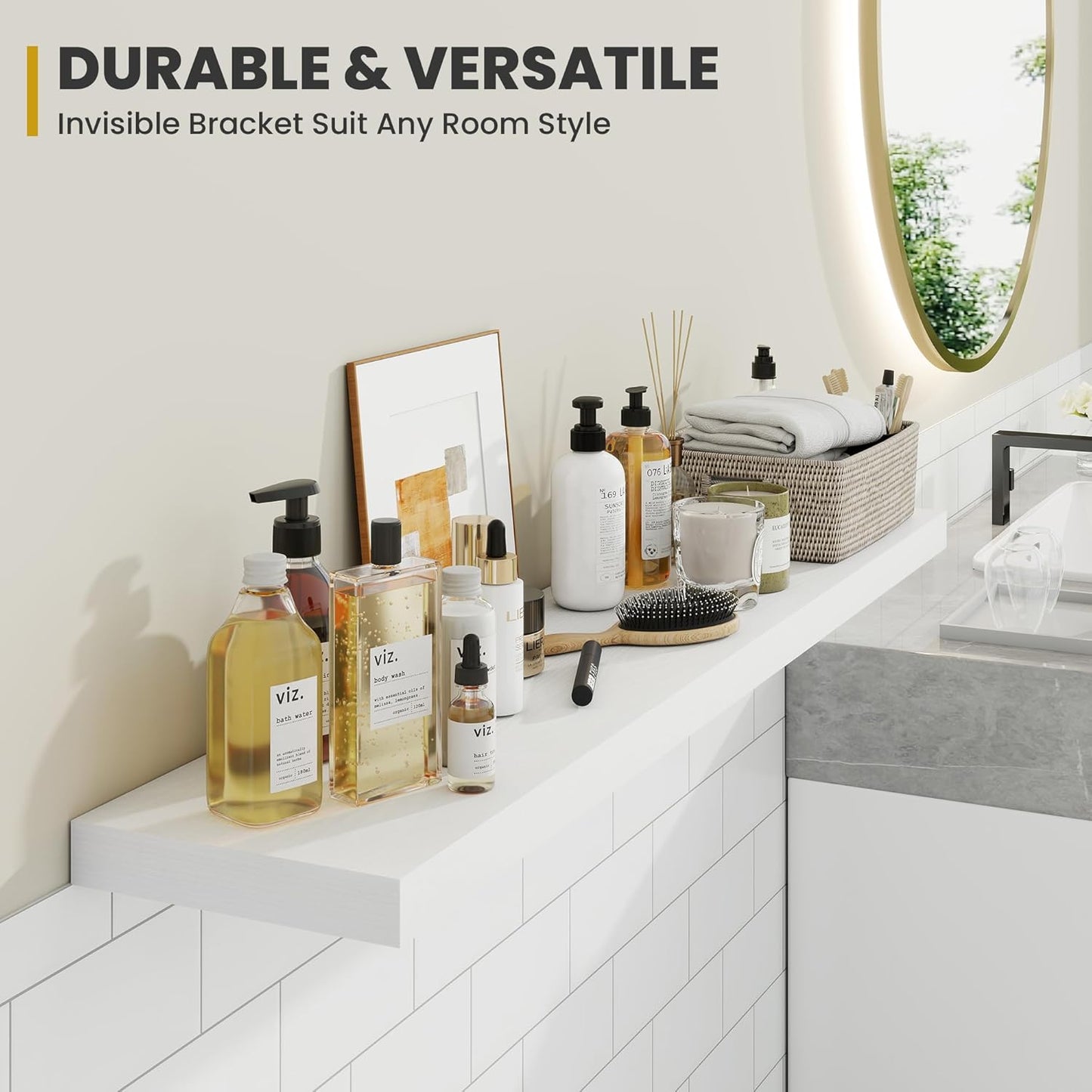 16 Inch Floating Shelves, 9.3" Deep Floating Shelf Wall Mounted, 16" Wall Shelves, Rustic Deep Bookshelf, Large Display Shelves & Storage Shelves for Bedroom, Living Room, White, Set of 2