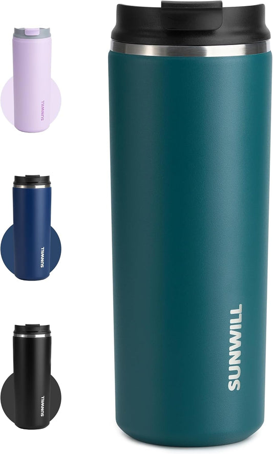 SUNWILL Travel Coffee Mug with Lid, Leak Proof Tumbler Stainless Steel, 16 oz Insulated Cup for Water, Tea, Ice, Powder Coated Peacock Blue