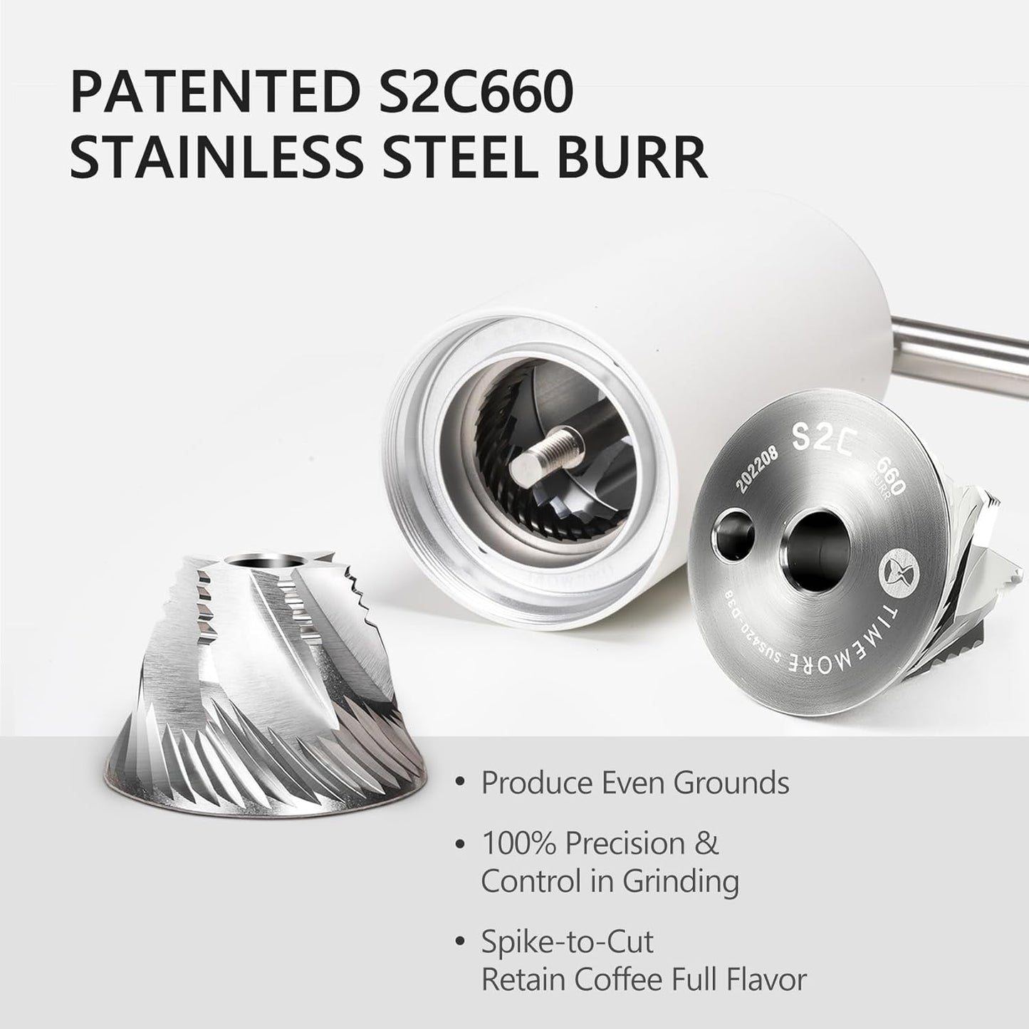 TIMEMORE Chestnut C3S Pro Manual Coffee Grinder, Stainless Steel S2C Conical Burr Coffee Grinder, Hand Coffee Grinder with Foldable Handle, Adjustable Grind Setting for Travel/Camping/Home, White