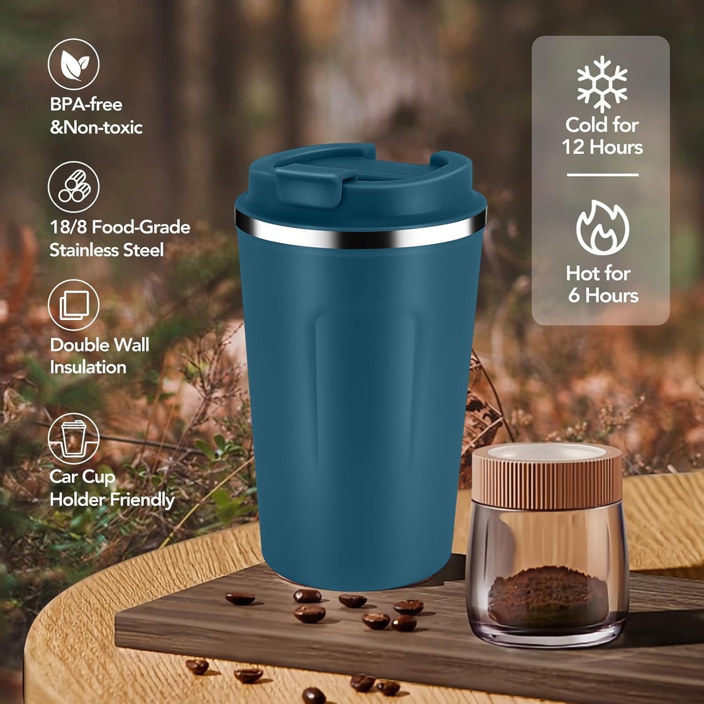 Volhoply 12 oz Double Wall Insulated Vacuum Travel Coffee Mug with Flip Lid Bulk 8 Pack,Reusable Stainless Steel Leak Proof Coffee Cup,Portable Cafe Thermal Tumblers for Hot & Cold Drinks(Bule,8 Set)