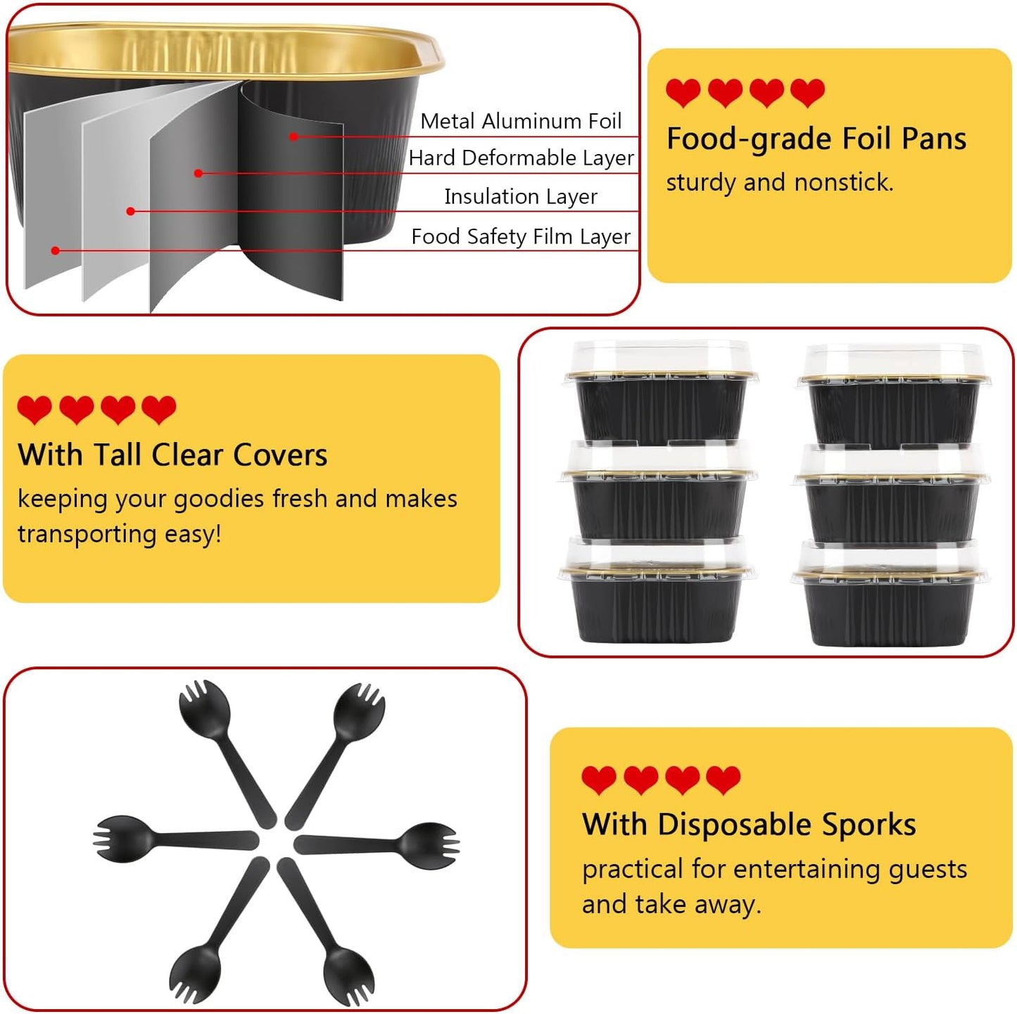 LNYZQUS 120pack/10oz Mini Cake Pans with Lids, Small Foil Baking Tins Brownie Baking Cups,4”x4” Disposable Ramekins Jumbo Cupcake Muffin Pan Mini Aluminum Containers Holders-Black
