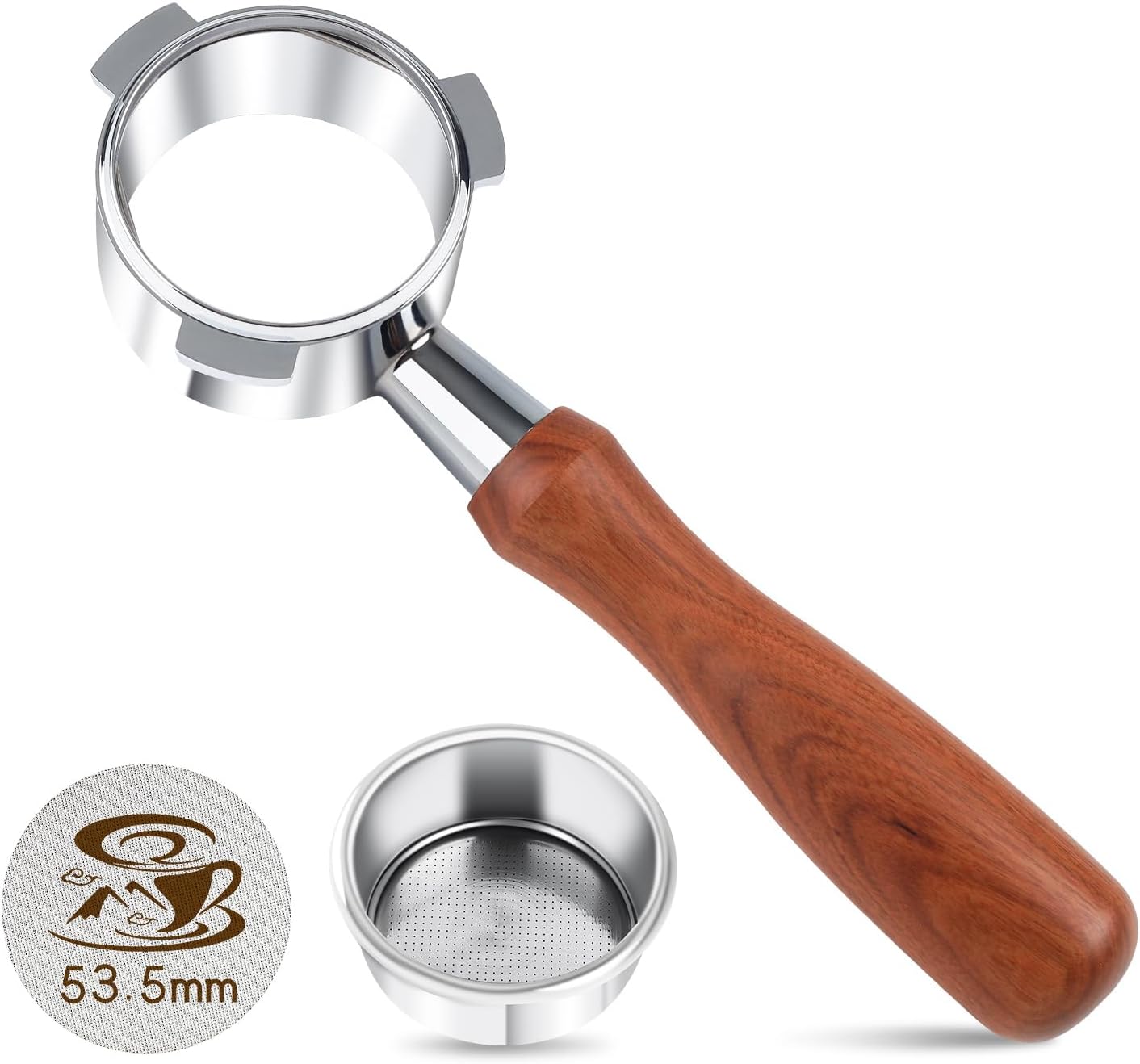 54mm Bottomless Portafilter - 3-Ear Stainless Steel - For Breville Barista Express (BES870, 878, 875, 840, Duo-Temp Pro) - Solid Wood Handle
