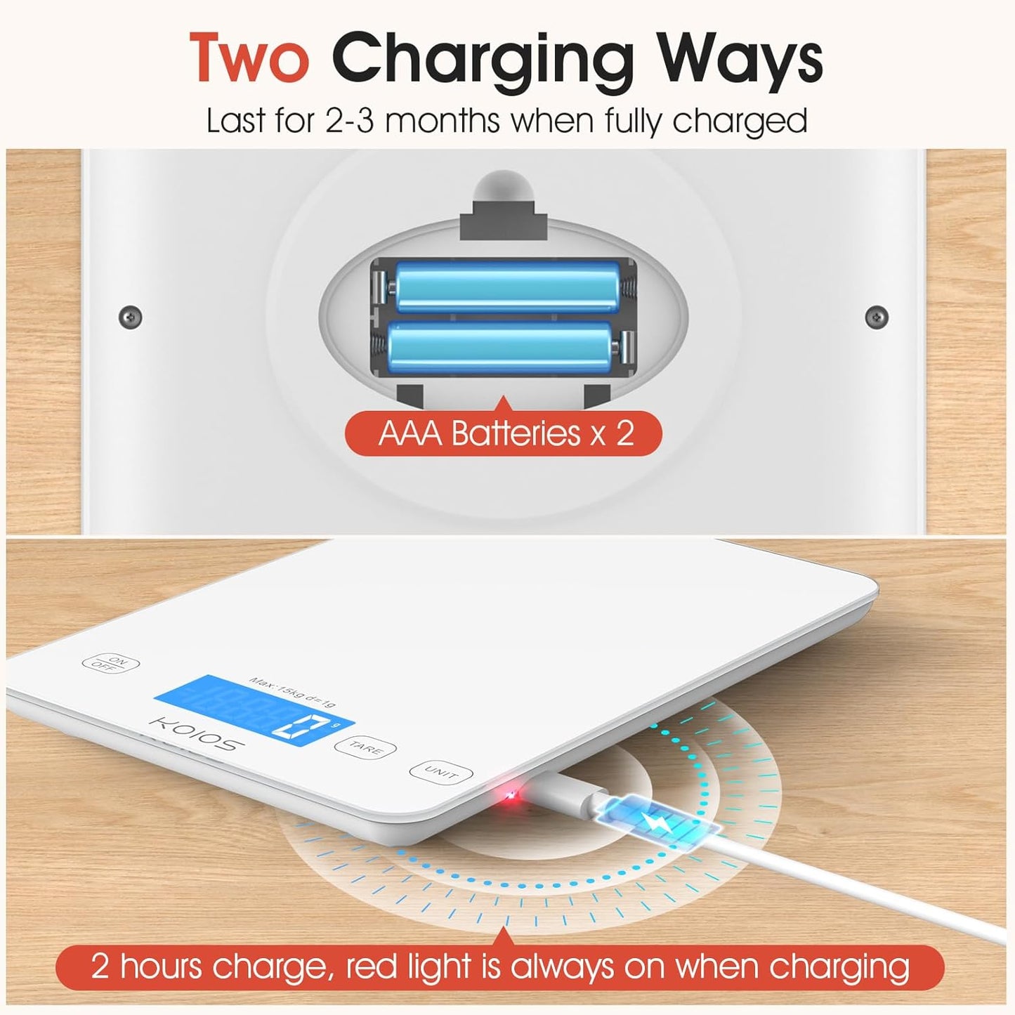 KOIOS Kitchen Scale, 33lb/15kg Digital Food Scales Weight in Grams and Ounces for Cooking Baking, 1g/0.1oz Precise Graduation, Batteries and Type-C Charging, Tare Function, LCD Display, White