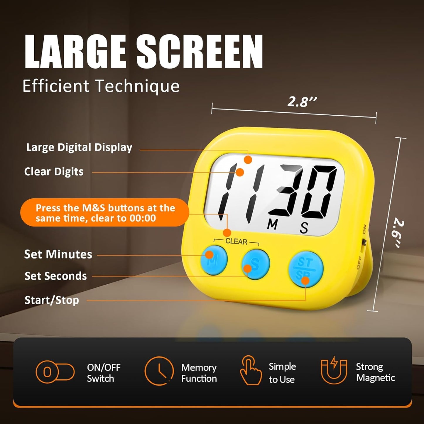 2 Pack Digital Kitchen Timer for Cooking Big Digits Loud Alarm Magnetic Backing Stand Cooking Timers for Baking Yellow