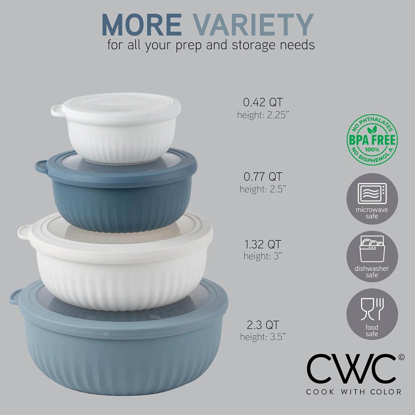 COOK WITH COLOR Prep Bowls with Lids- Wide and Deep Nesting Plastic Small Mixing Bowl Set with Lids, 8 Piece Set - Wide Bowls, Blue/Grey