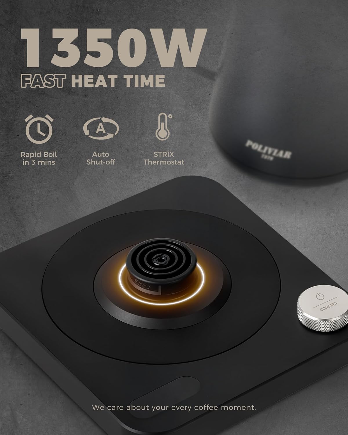 POLIVIAR Electric Gooseneck Kettle, 1350W Electric Tea Kettle Wood Pattern Handle, 34oz Pour Over Electric Kettle for Coffee & Tea, 18/8 Stainless Steel Inner, Temperature Control & Rapid Heating