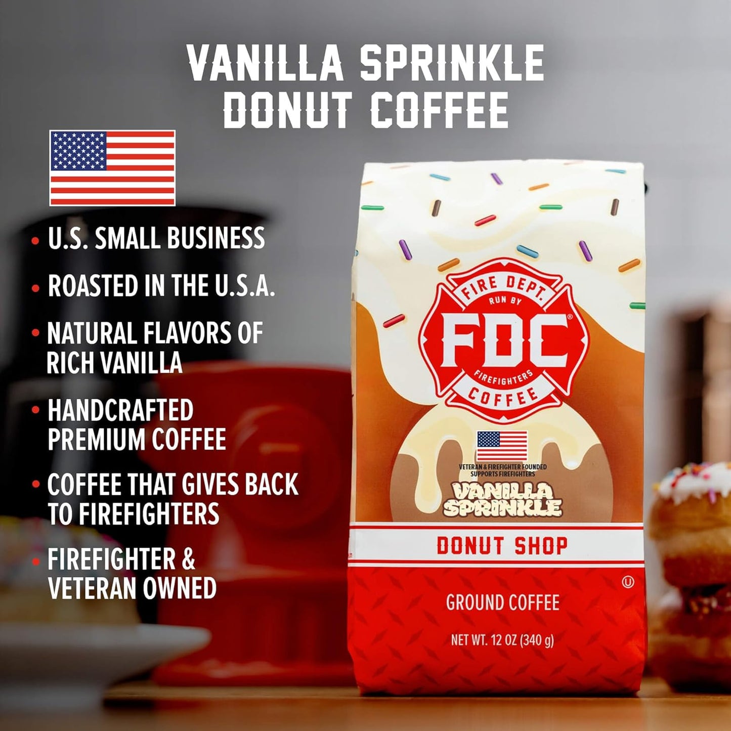 Fire Department Coffee - Gives Back to Firefighters - Vanilla Sprinkle Donut Ground Coffee - Medium Roast - Roasted in the USA - Veteran Owned - 12 oz