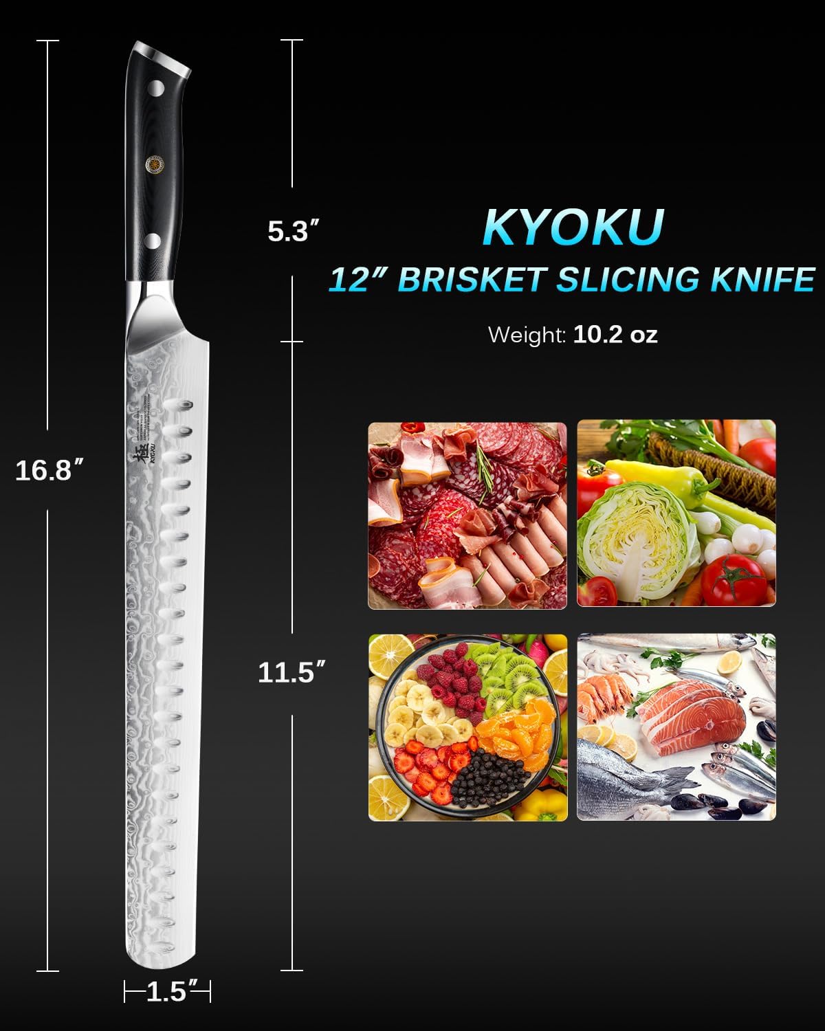 KYOKU Gin Series 12" Brisket Slicing Knife, Meat Carving Knife with Silver PVD Coating Mosaic Pin Handle for Professional Chef & Home Cook, Japanese VG10 Steel Slicer for Meat Fruit Vegetables