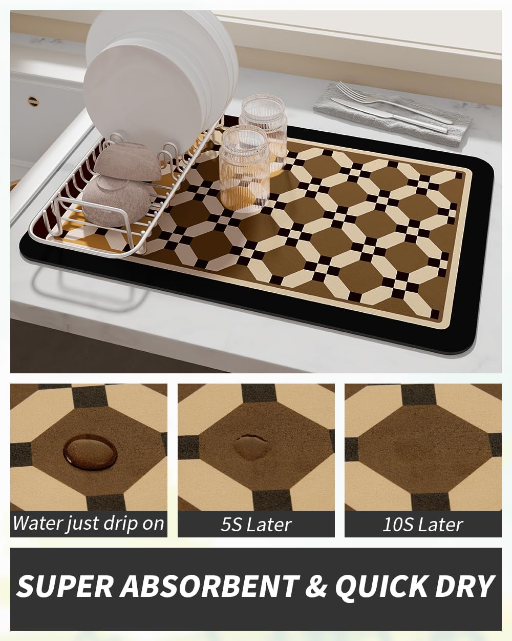 AMOAMI Coffee Mat Hide Stain Rubber Backed Absorbent Dish Drying Mat for Kitchen Counter - Fits Under Coffee Maker or Machine - 16X24