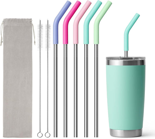 Stainless Steel Straw for 20 oz YETI Tumbler, 8.5in Metal Straight Straws Reusable with Silicone Tip for Milk, Juice, Cola, Coffee- 2 Cleaning Brushes & 1 Portable Bag