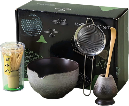 Matcha Whisk Set,Matcha Set Includes Ceramic Bowl with Spout,Stainless Sifter,Scoop,Whisk and Holder,Complete 5 Pcs Japanese Matcha Kit Making Tools,White