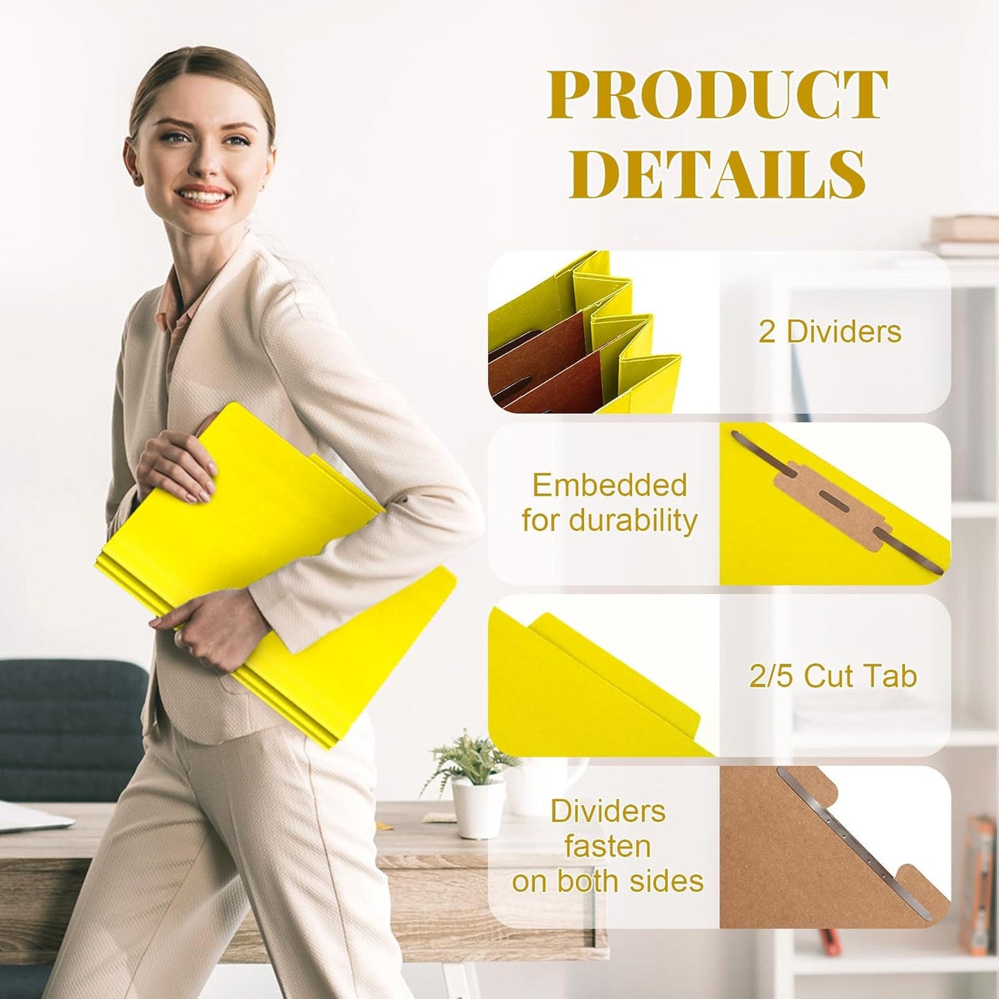 24 Pcs Classification Folders Letter Size Bulk - 2 Dividers Pressboard File Folder with 3. 5 Inch Expansion, 2 Prongs Fastener, Heavy Duty Office File Organizer for Teacher Medical (Yellow)