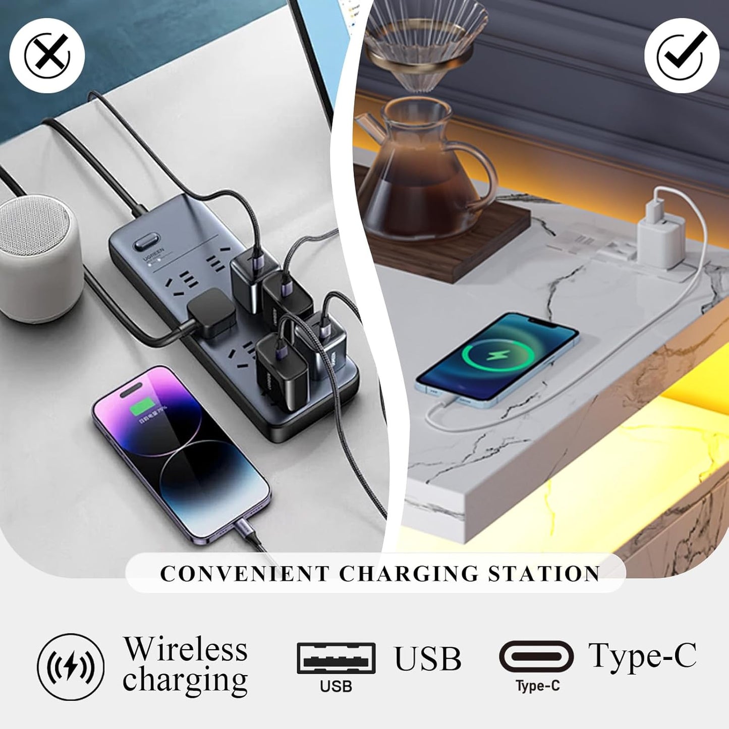 4 EVER WINNER Marble Buffet Cabinet with Storage, Modern Coffee Bar with LED Lights and Charge Station, Sideboard Buffet Cabinets with Adjustable Shelves for Kitchen,Dining Room