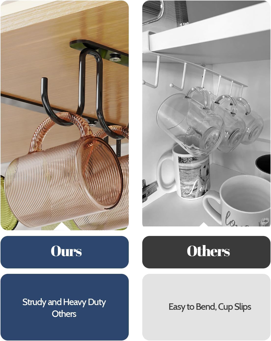 Mug Hooks Under Cabinet 3 Pack, Metal Cup Hooks for Hanging Under Shelf, Mug Organizer Rack with 12 Hooks for Displaying Mugs, Coffee Cups and Kitchen Utensils, Black