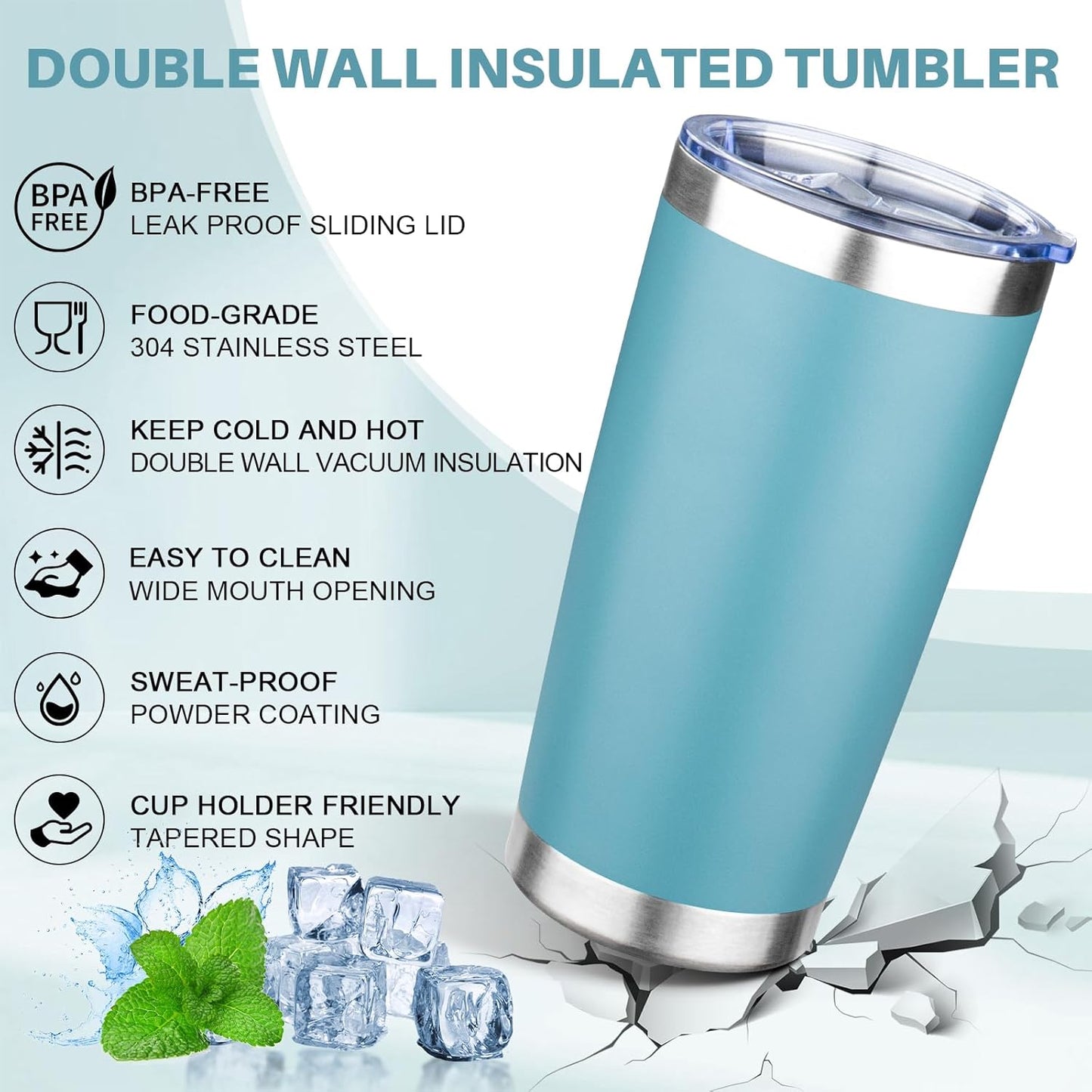 20oz Tumbler with Lid Double Wall Vacuum Insulated Travel Coffee Mug Stainless Steel Thermal Cup Powder Coated Sturdy Coffee Tumbler Bulk for Hot and Cold Beverage (Glacier blue,4)
