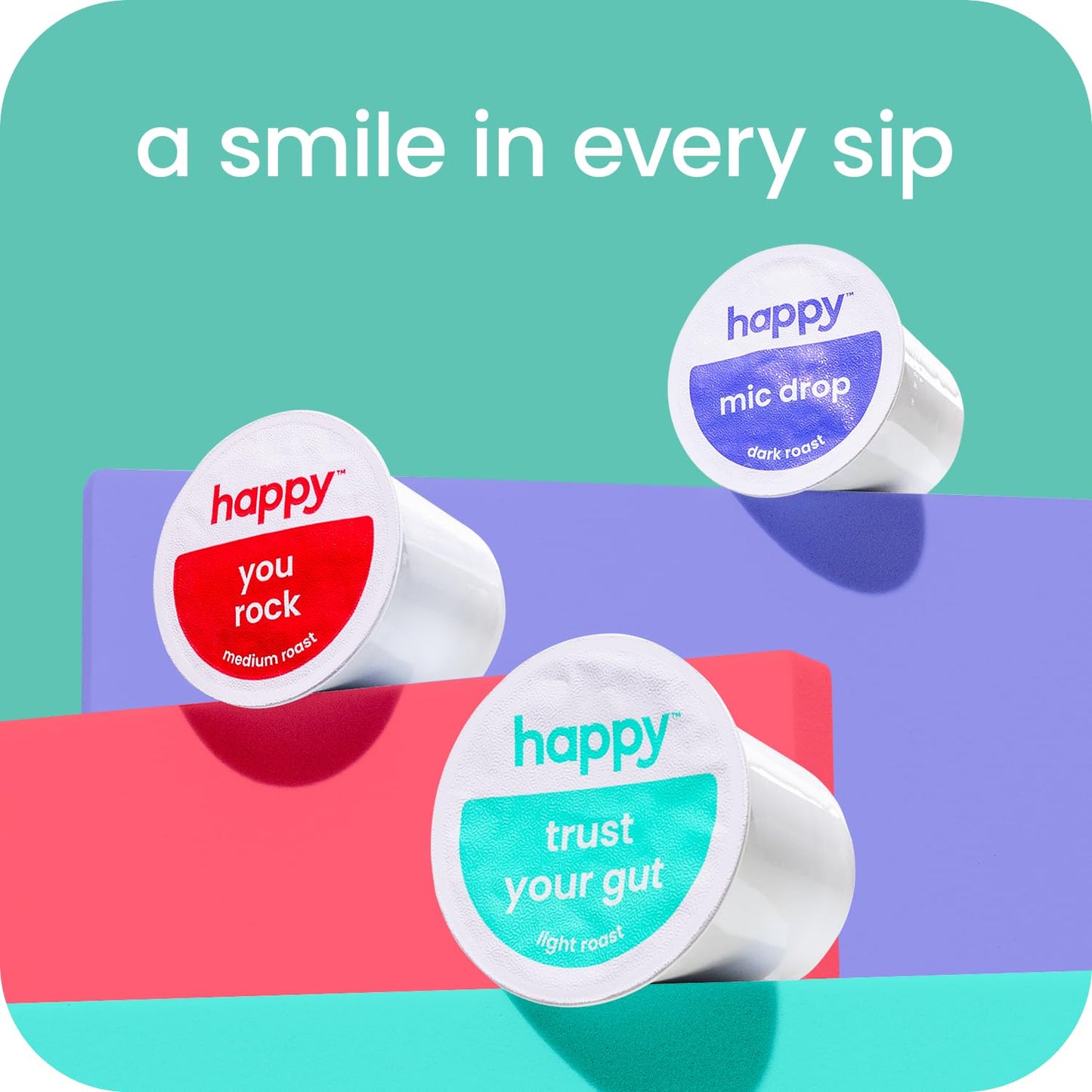 happy coffee light roast coffee pods, 10 count, notes of toasted biscotti and levity, compatible with most K-cup brewers, rainforest alliance certified