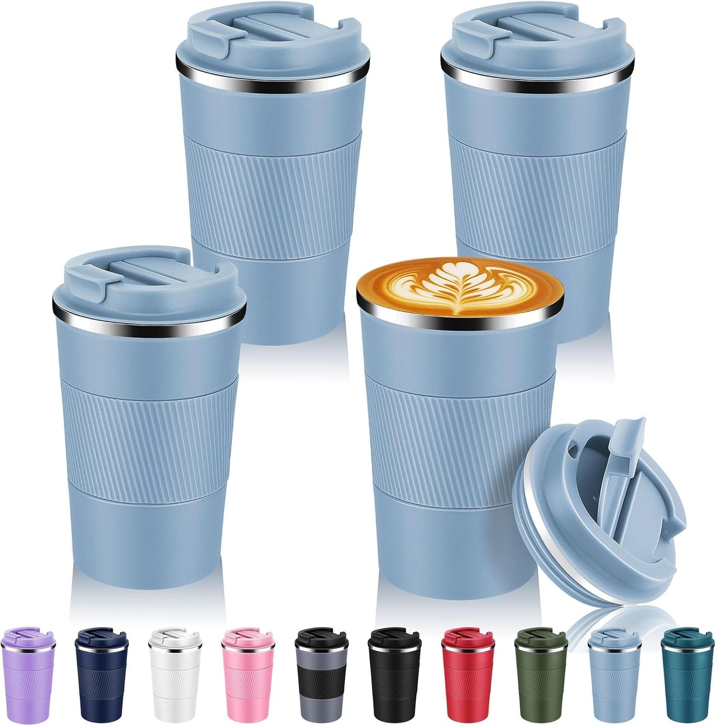 Volhoply 13 oz Stainless Steel Insulated Travel Coffee Mug with Fip Lid Bulk 4 Pack,Reusable Double Wall Vacuum Metal Coffee Cup,Portable Leak Proof Thermal Tumbler for Hot & Cold Drinks(Fog,4)