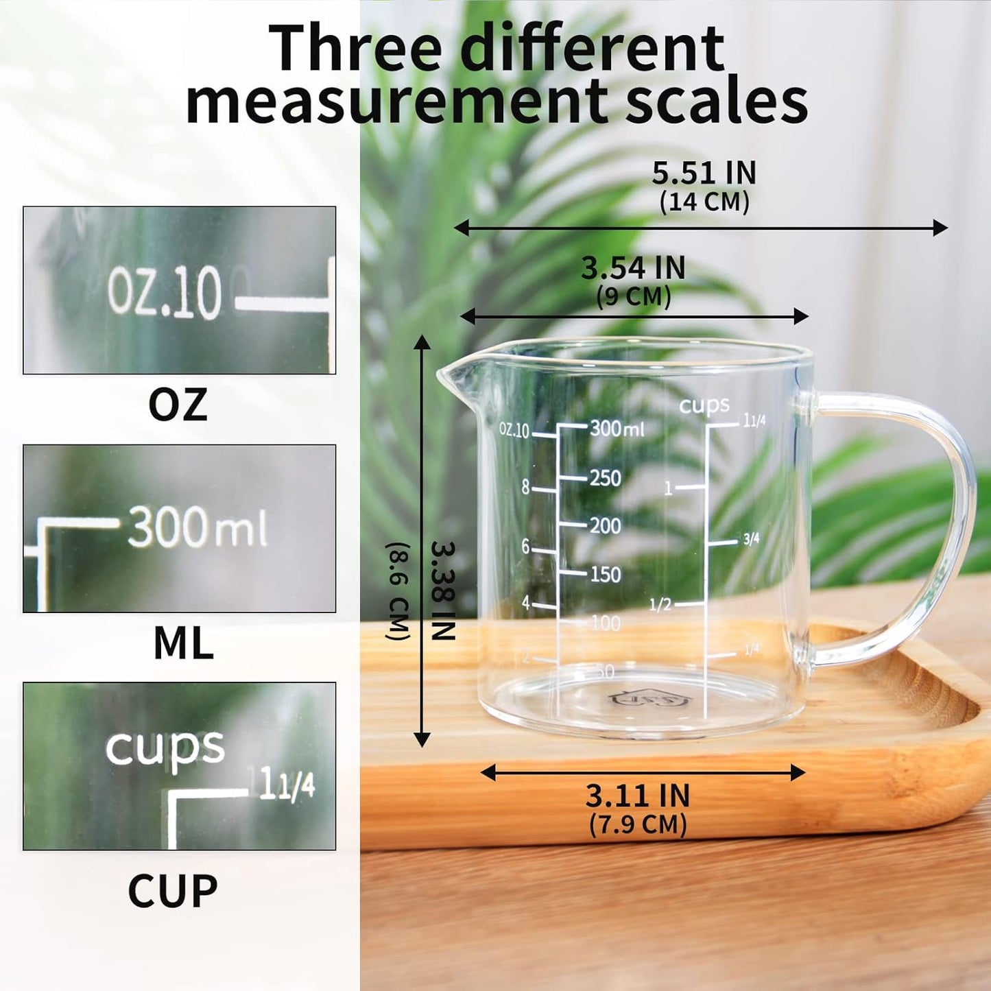 77L Glass Measuring Cup, Clear Liquid Measuring Cup with V-Shaped Spout and Three Scales, High Borosilicate Glass Beaker with Handle for Kitchen or Restaurant, 300 ML (0.3 Liter, 1 1/4 Cup)