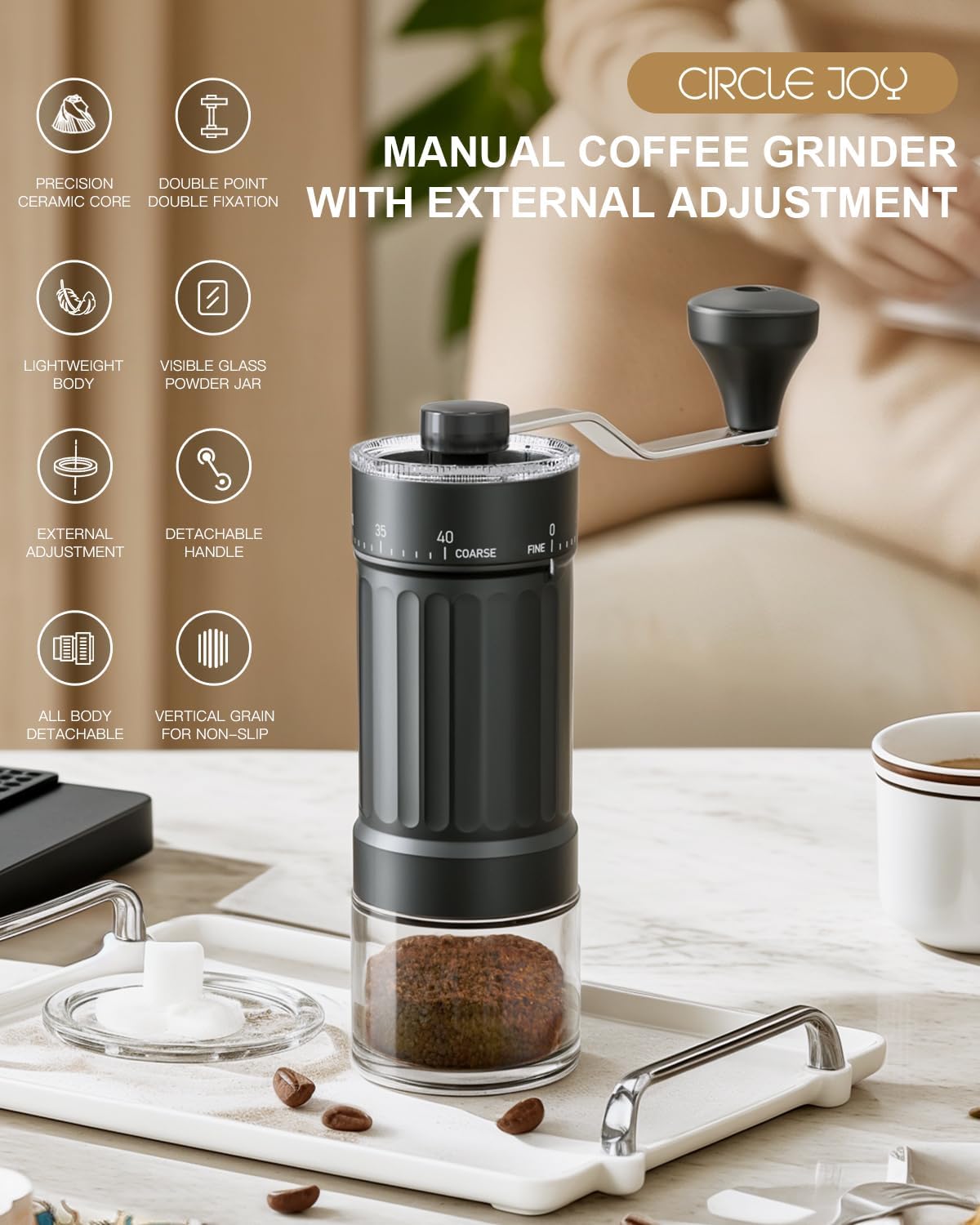 CIRCLE JOY Manual Coffee Grinder with 40 Levels External Adjustment and Ceramic Burr, Portable Hand Coffee Grinder Set with Pour Over Coffee Dripper, 50 Count V60 Coffee Filters and Storage Bag