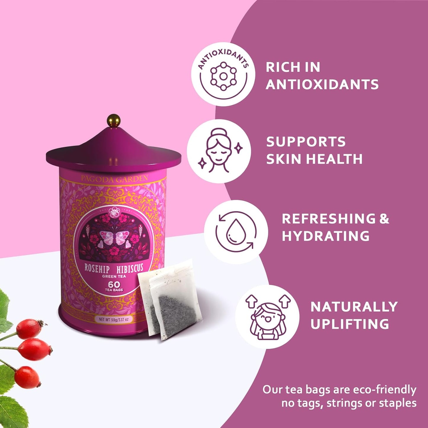 Life Plus Style Gourmet Pagoda Garden Rosehip Hibiscus Green Tea Organic Herbal Tea Caffeinated Hot or Iced Natural Ceylon Tea Antioxidants Supports Wellness 60 Tea Bags