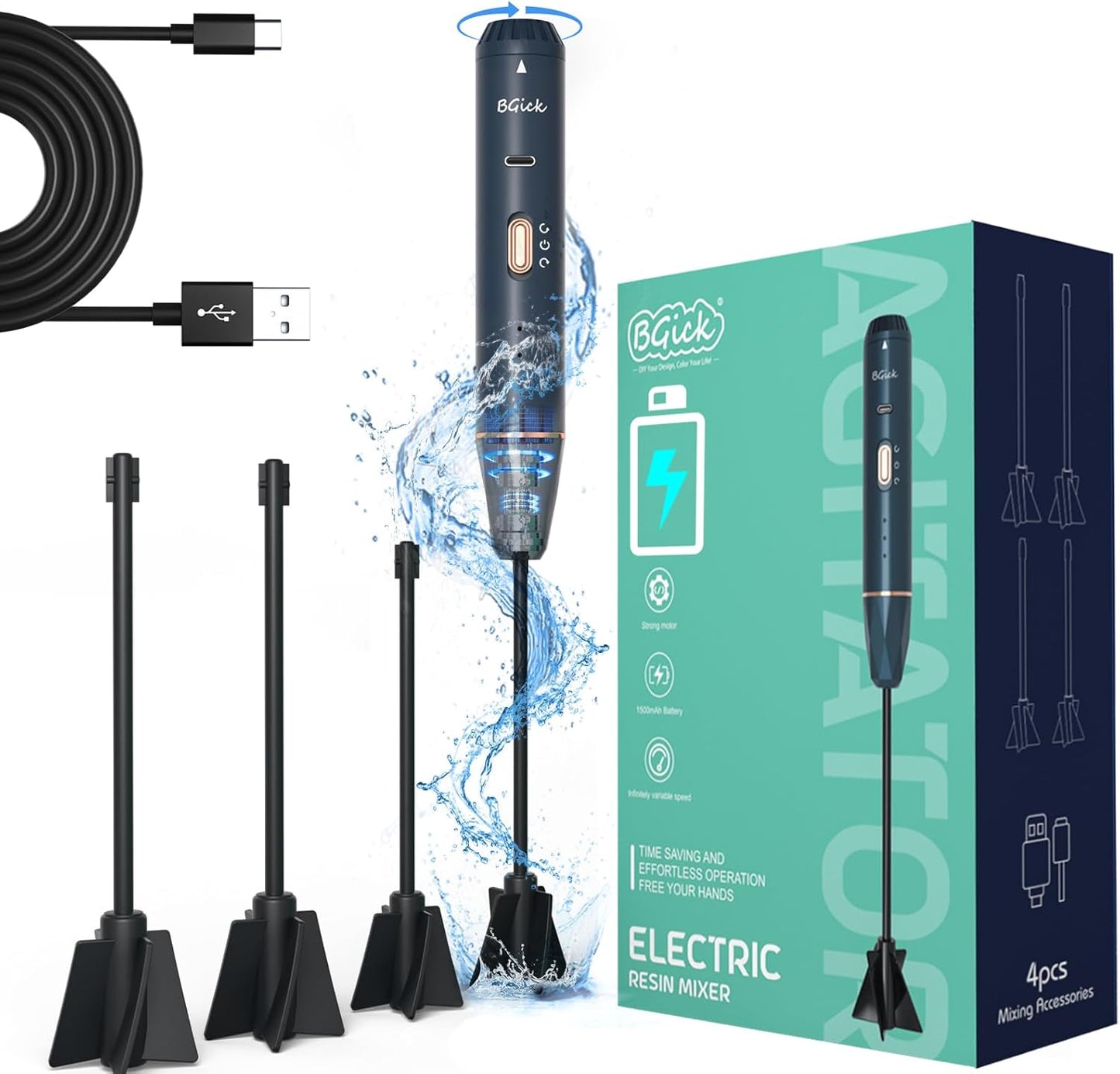 Upgraded Resin Mixer, Handheld Rechargeable Mixer with Minimizing Bubbles,Epoxy Resin Mixer for Resin, Silicone Mixing, Resin Molds, DIY Crafts (Included 4 pcs Paddles) (Blue)