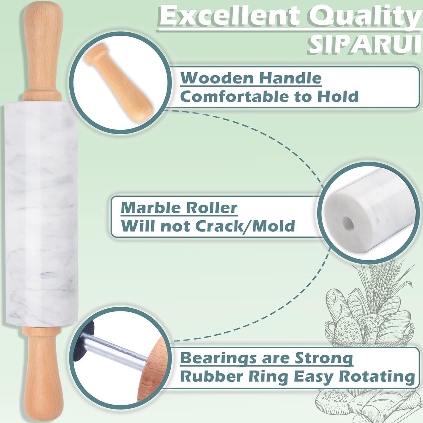 Marble Rolling Pin with Wooden Cradle Thick Handle Set for Baking,18.5 inch Premium Quality Polished Roller for Pizza Dough,Fondant,Pie Crust,Non-Stick Surface Easy to Clean(White)