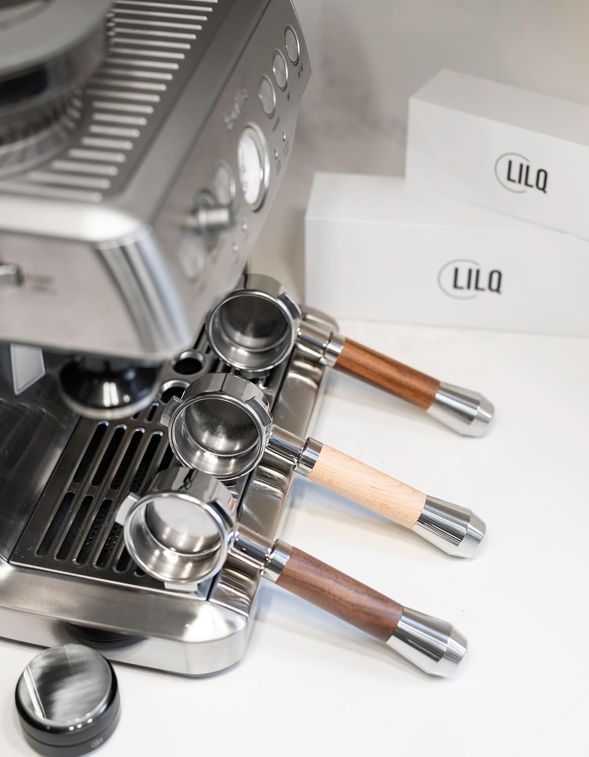 LILQ 54mm Naked Bottomless Portafilter Compatible with Breville Barista Express, Barista Pro, Bambino, and More – 18-20g basket included (Maple Fusion, 54mm Breville)