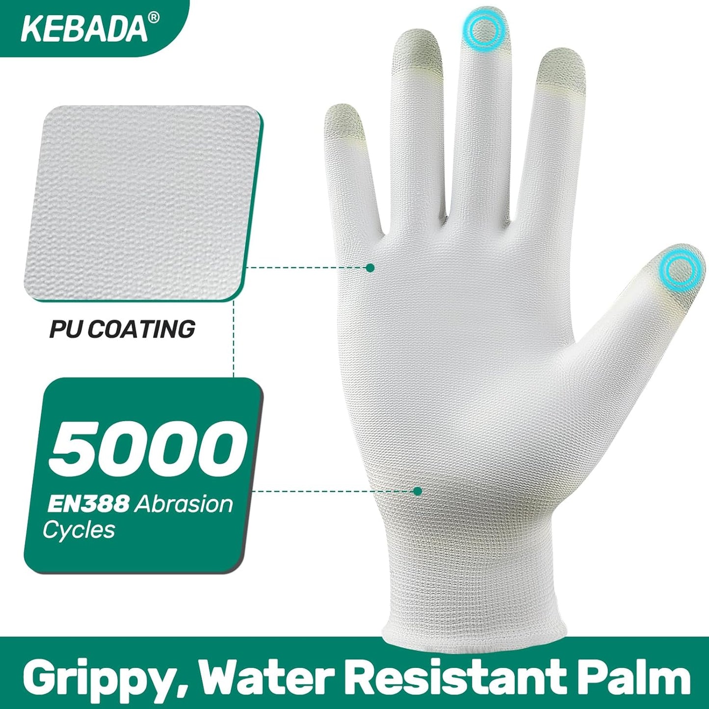 Kebada W1 Work Gloves for Men and Women, PU Coated Safety Gloves with Grip, Touchscreen, Ideal for Warehouse Package Handling, Construction, Gardening, White X-Large