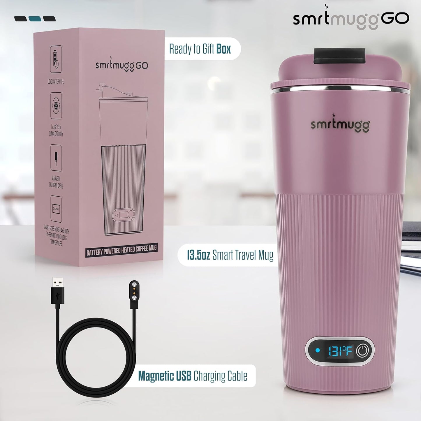 GO Heated Coffee Mug, Travel Mug, 13.5 OZ. Smart Mug, Battery Powered Heated Coffee Mug, Great for Coffee and Tea, Snap on Magnetic Charging Cord, New and Improved (Lilac)
