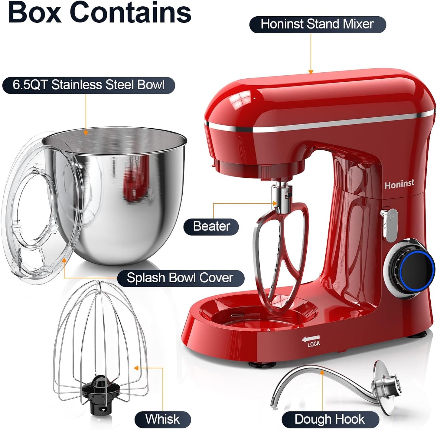 Stand Mixer, 6.5QT 10-Speed Tilt-Head Electric Stand Mixer, 3-In-1 Kitchen Mixer with Bowl, Dough Hook, Whisk and Beater, Food Mixer for Baking, Cake and Most Home Cooks, Red