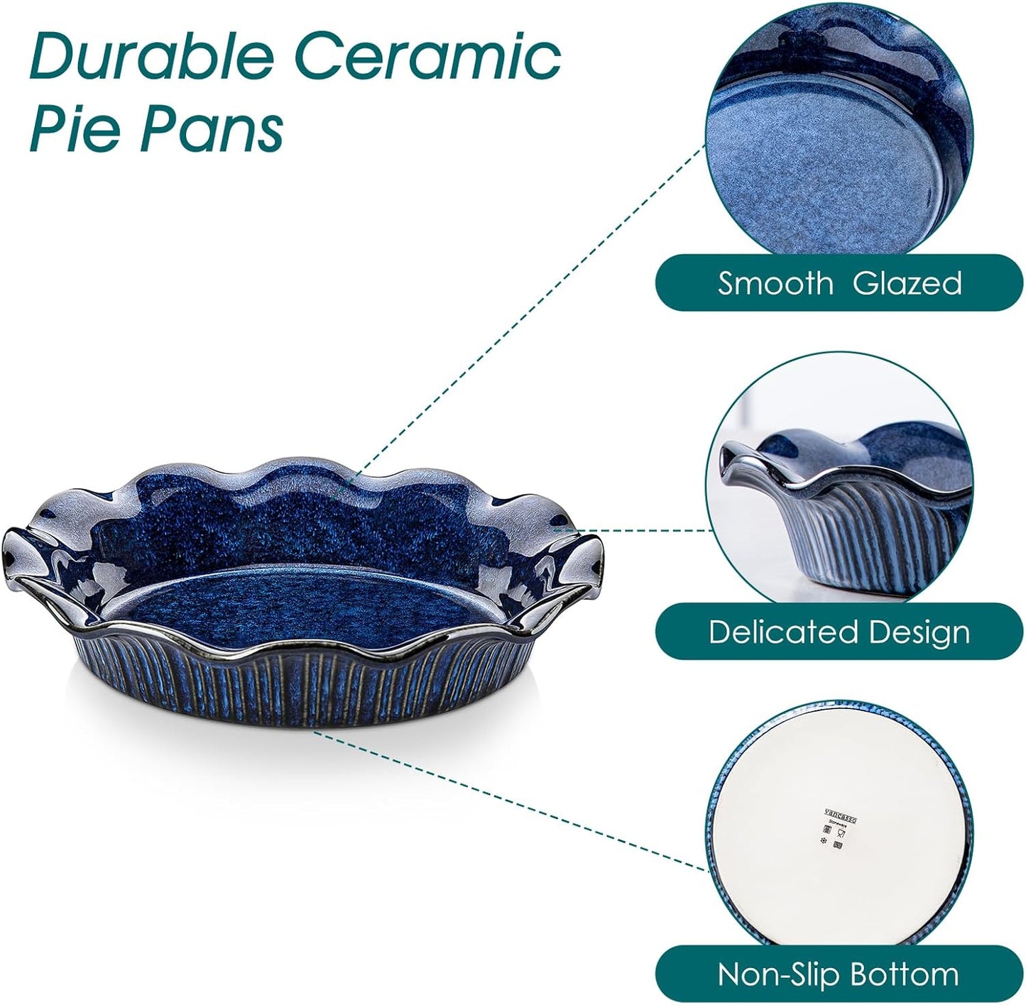 vancasso Stern Ceramic Pie Pan, 9 inch Pie Pans with Ruffled Edge, Deep Pie Dishes for Baking, Round Pie Plates for Apple, Quiche, Pot Pies, Tart, Oven & Dishwasher Safe, Set of 2, Blue