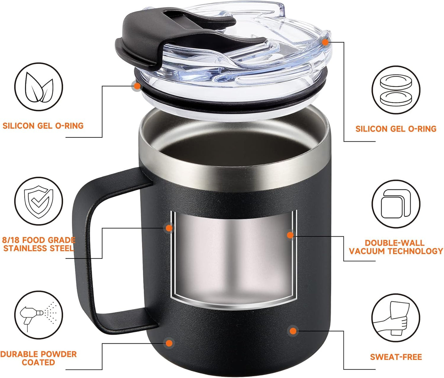 ALOUFEA 12oz Stainless Steel Insulated Coffee Mug with Handle, Double Wall Vacuum Tumbler Cup with Fliping Lid, Black, 4 Pack