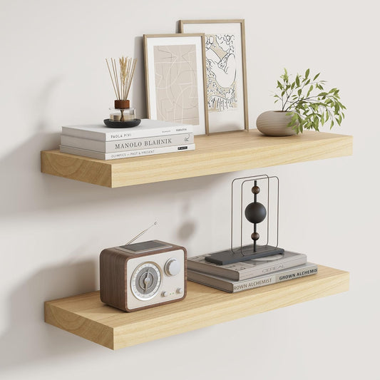 Fun Memories Rustic Floating Shelves for Home Decor, 8 Inch Deep Floating Shelf, Solid Wood Floating Wall Shelves 24 Inch Long, Deep Wall Shelves for Bathroom, Living Room, Natural Finsh, Set of 2