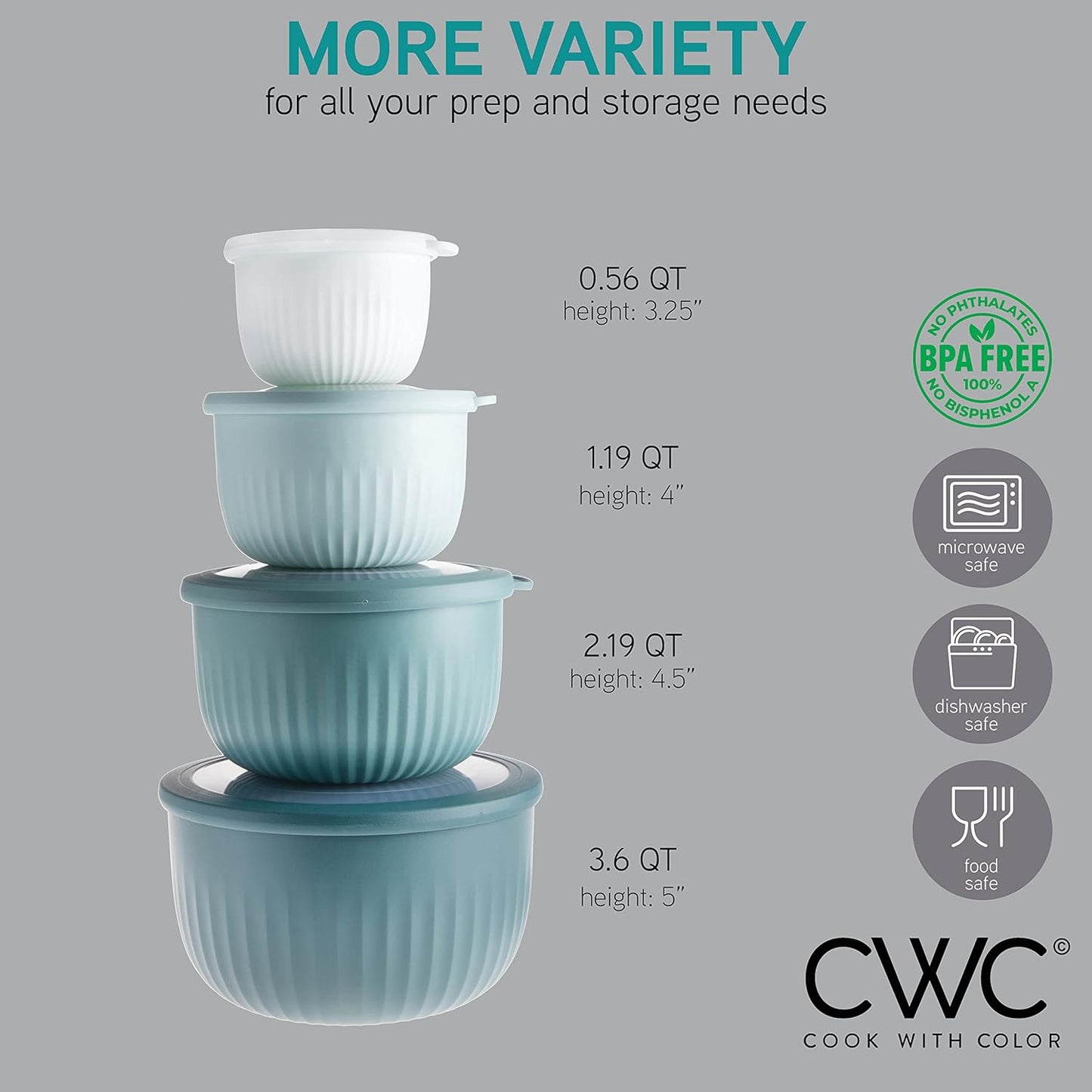 COOK WITH COLOR 4pc Plastic Mixing Bowl Set with Lids (Teal Ombre, 210 ml, 550 ml, 1150 ml, 3500 ml) - Sturdy, Nesting, BPA Free, Dishwasher Safe, Food Safe, Bowls for Cooking and Baking