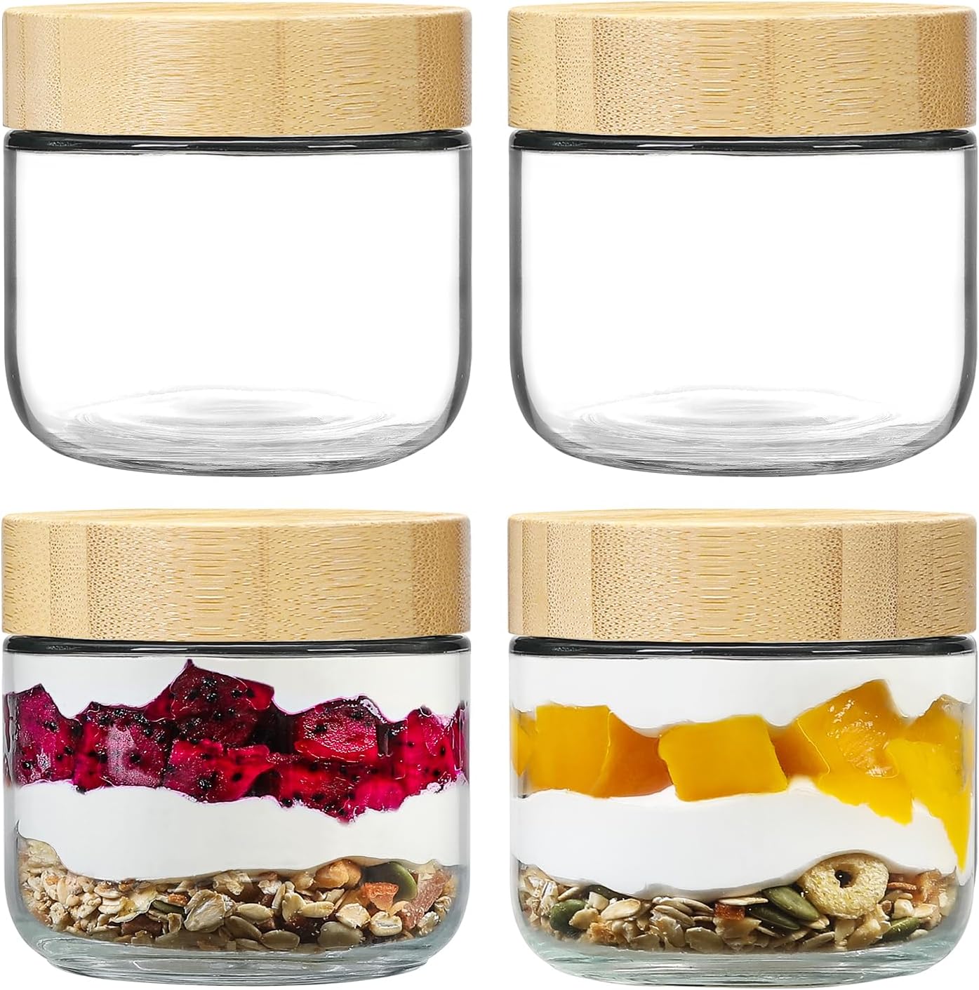 NETANY 4-pack 8oz Glass jars with Airtight Lids, Overnight Oats Containers with Bamboo Lids, Wide mouth Mason Salad jars, Glass Food Storage Containers for Snacks Yogurt Spice Sugar