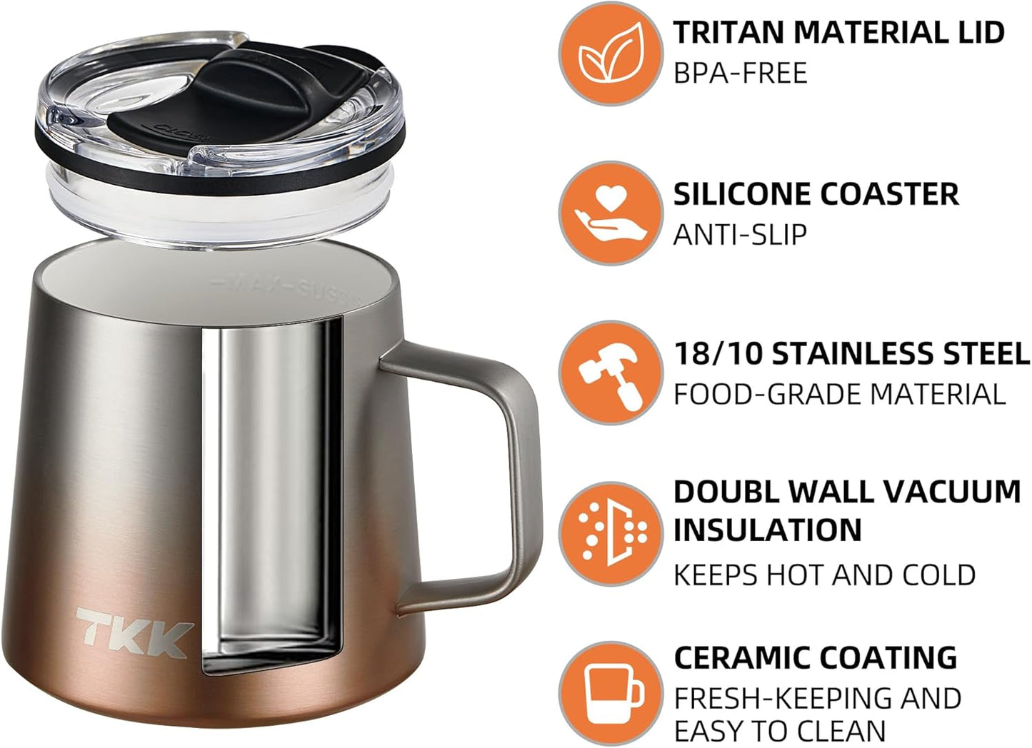 TKK 12 oz Insulated Coffee Mug with Handle Ceramic Coating Detachable Slider Lid Stainless Steel Tumbler Double Wall Vacuum Travel Cup