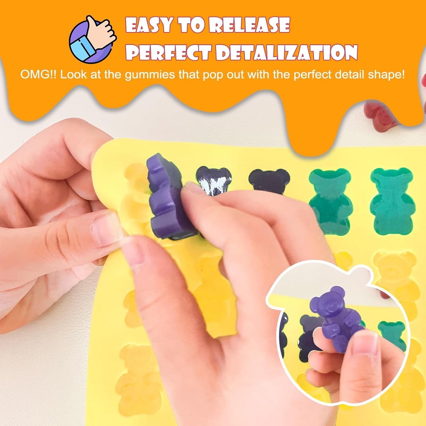 Gummy Bear Molds Silicone 37PCS Set,Nonstick Candy Mold Including Worm,Bear, Mini Dinosaur, Animals, Fruits and Mini Donut Molds,With 4 Droppers, Brush, Storage Box, 25 Wrappers