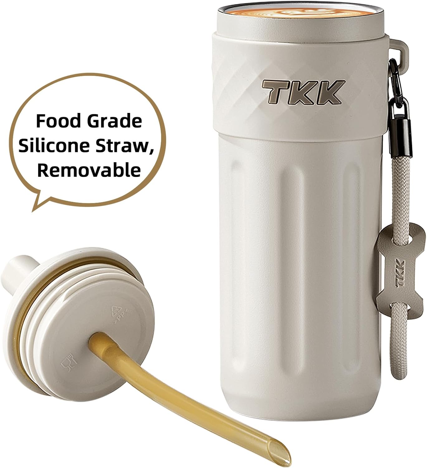 TKK 17 OZ Travel Tumbler Ceramic Lining with Straw Lid, Stainless Steel Vacuum Insulated Double Wall Coffee Tumbler, Leak Proof Iced Water Bottle with Carry Strap for Hot & Cold Drinks, Beige