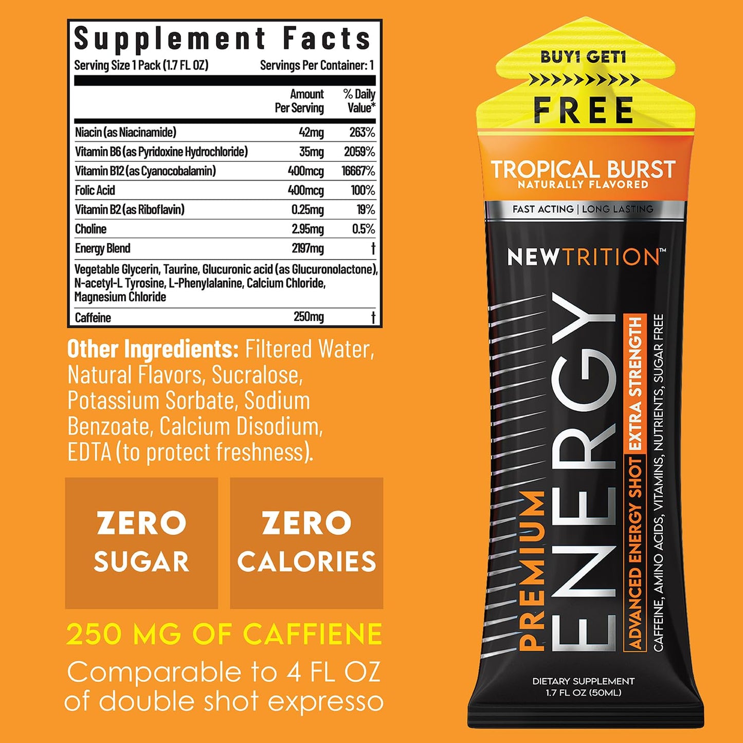NewTrition® Extra Strength Energy Shots, 250mg Caffeine Energy Shots with Vitamin B & Amino Acids, Sugar-Free Vitamin Energy Shot, 1.7 fl oz (Pack of 6, Tropical Burst)