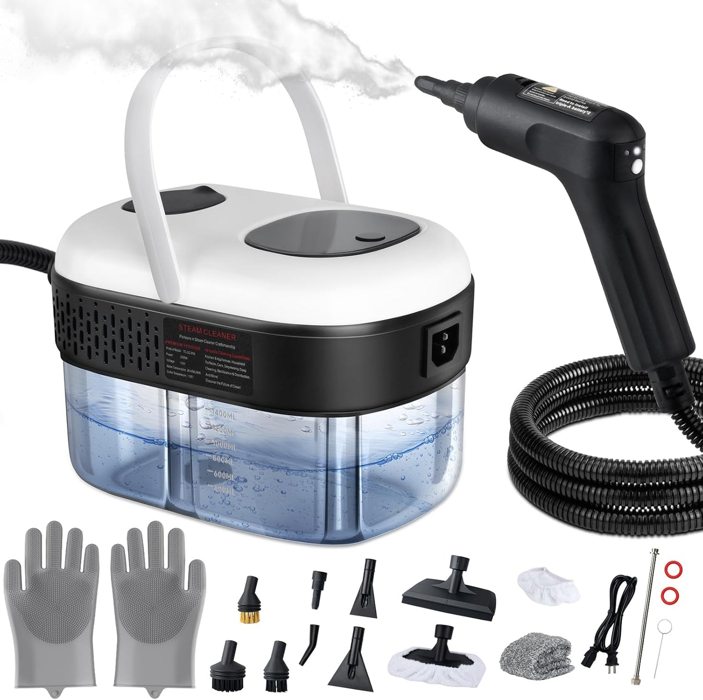 Steam Cleaner, 3-Level Adjustable Handle, 2500W Steam Cleaner for Home, 15s Heat-Up, Portable Steamer for Cleaning Car, 47.04oz Tank, 16 Pcs Accessories for Dirt, Grout, Couch, Furniture, Grease,Tile