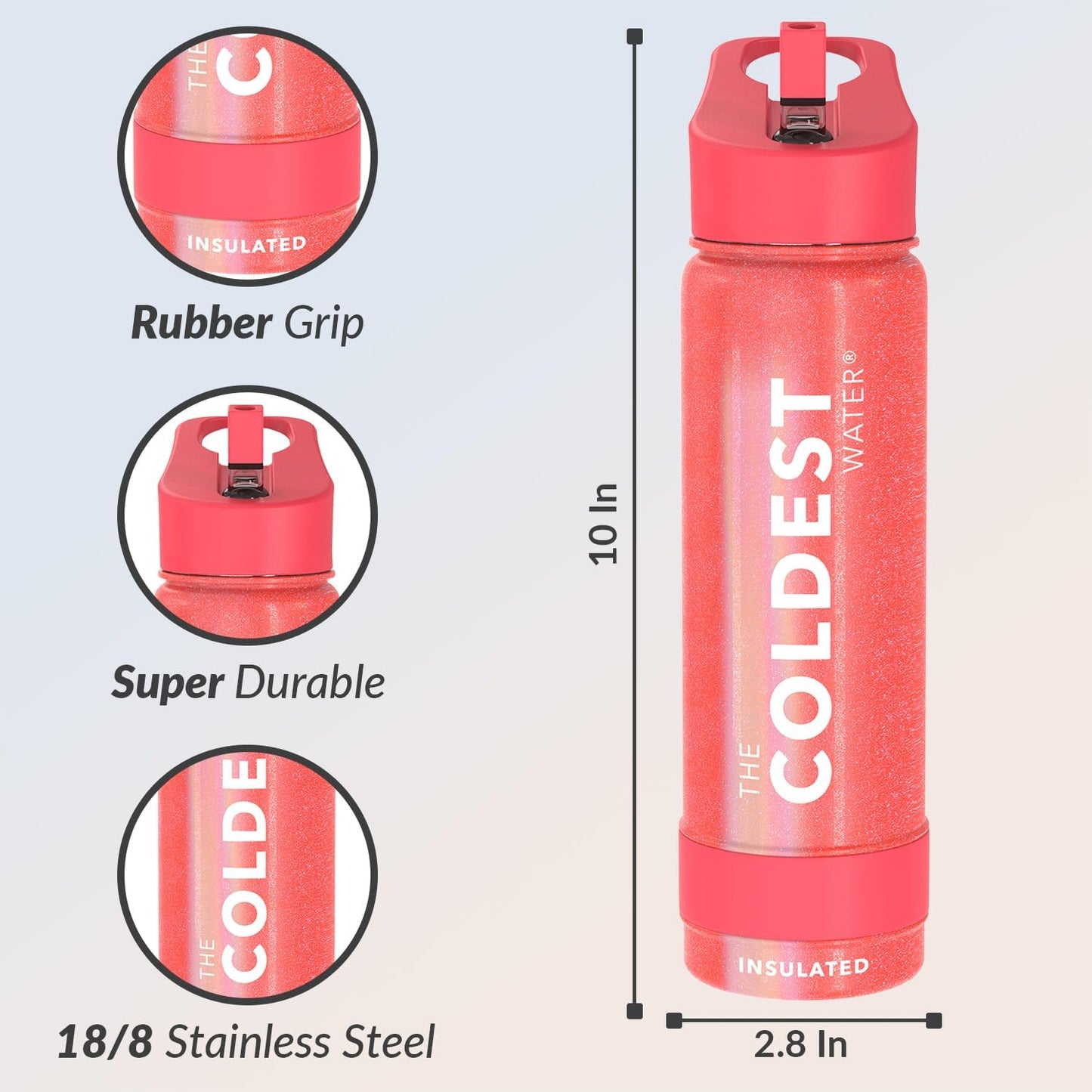 Coldest Insulated Water Bottle with Straw Lid - Stainless Steel Metal Insulated Bottle for Men & Women (Mars Red Glitter, 24 oz)