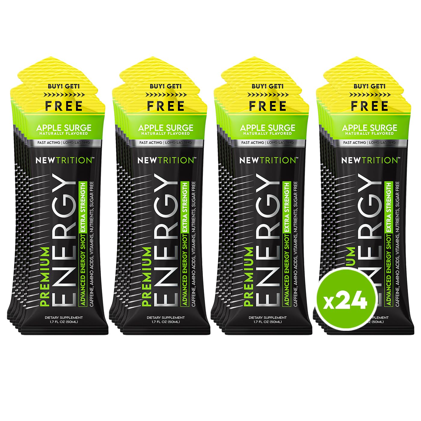 NewTrition® Extra Strength Energy Shots, 250mg Caffeine Energy Shots with Vitamin B & Amino Acids, Sugar-Free Vitamin Energy Shot, 1.7 fl oz (Pack of 24, Apple Surge)