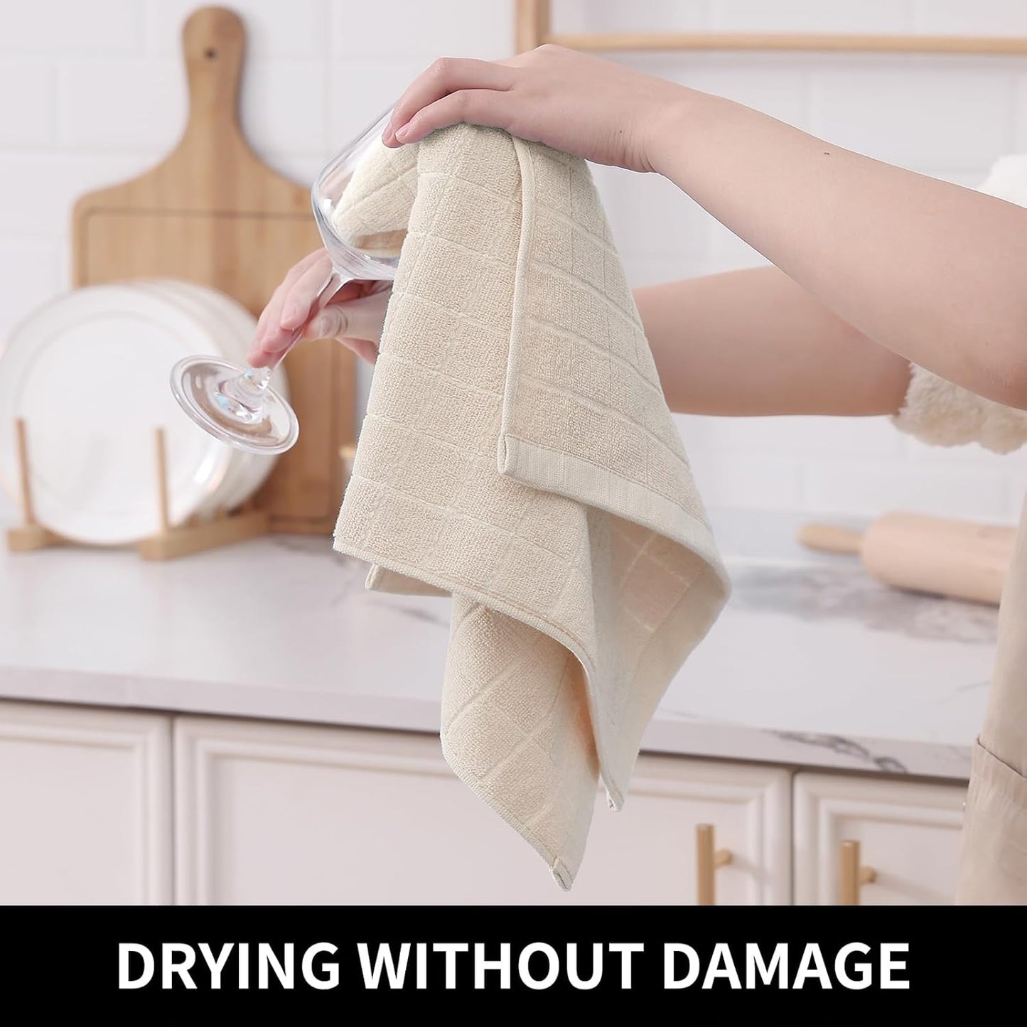 Homaxy 100% Cotton Terry Kitchen Towels(Beige, 13 x 28 inches), Checkered Designed, Soft and Super Absorbent Dish Towels, 4 Pack